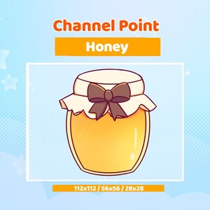 May include: A cartoon illustration of a honey jar with a brown bow on the lid. The jar is filled with honey and has a label that says "Channel Point Honey".