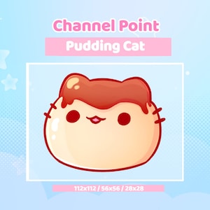 Puede incluir: Una ilustración de dibujos animados de un gato con una cobertura de pudín marrón en la cabeza. El gato sonríe y tiene las mejillas rojas. La imagen está etiquetada como "Channel Point Pudding Cat" e incluye las dimensiones "112x112 / 56x56 / 28x28".
