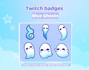 Puede incluir: Seis insignias de Twitch de fantasmas azules de diferentes tamaños, incluyendo una llama azul. Los tamaños son 112x112, 72x72, 56x56, 36x36, 28x28 y 18x18.