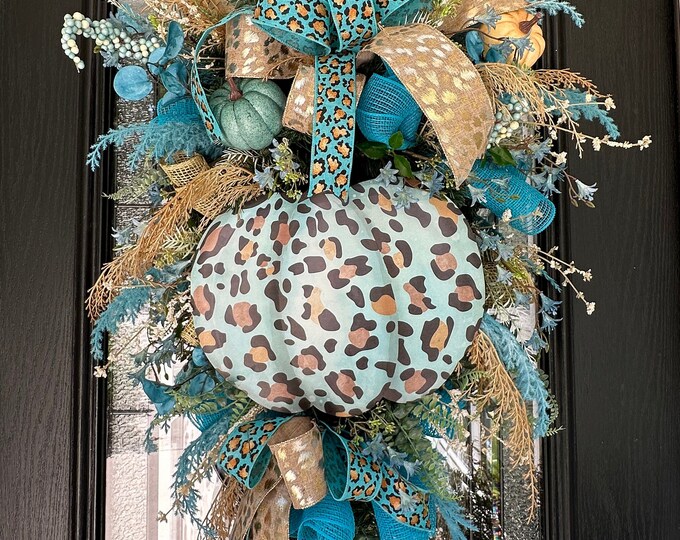 Large Blue Leopard Print Fall Swag, Blue Pumpkin Fall Wreath for Front ...