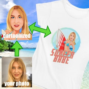 YOUR FACE cartoon style customized Women Shirt, Surfer Babe, personalized, cartoon, your picture, personalizable, cartoon effect Ladies