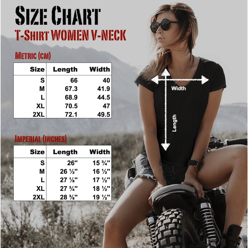 May include: Size chart for women's v-neck t-shirts. The chart shows measurements in inches and centimeters for sizes S, M, L, XL, and 2XL.