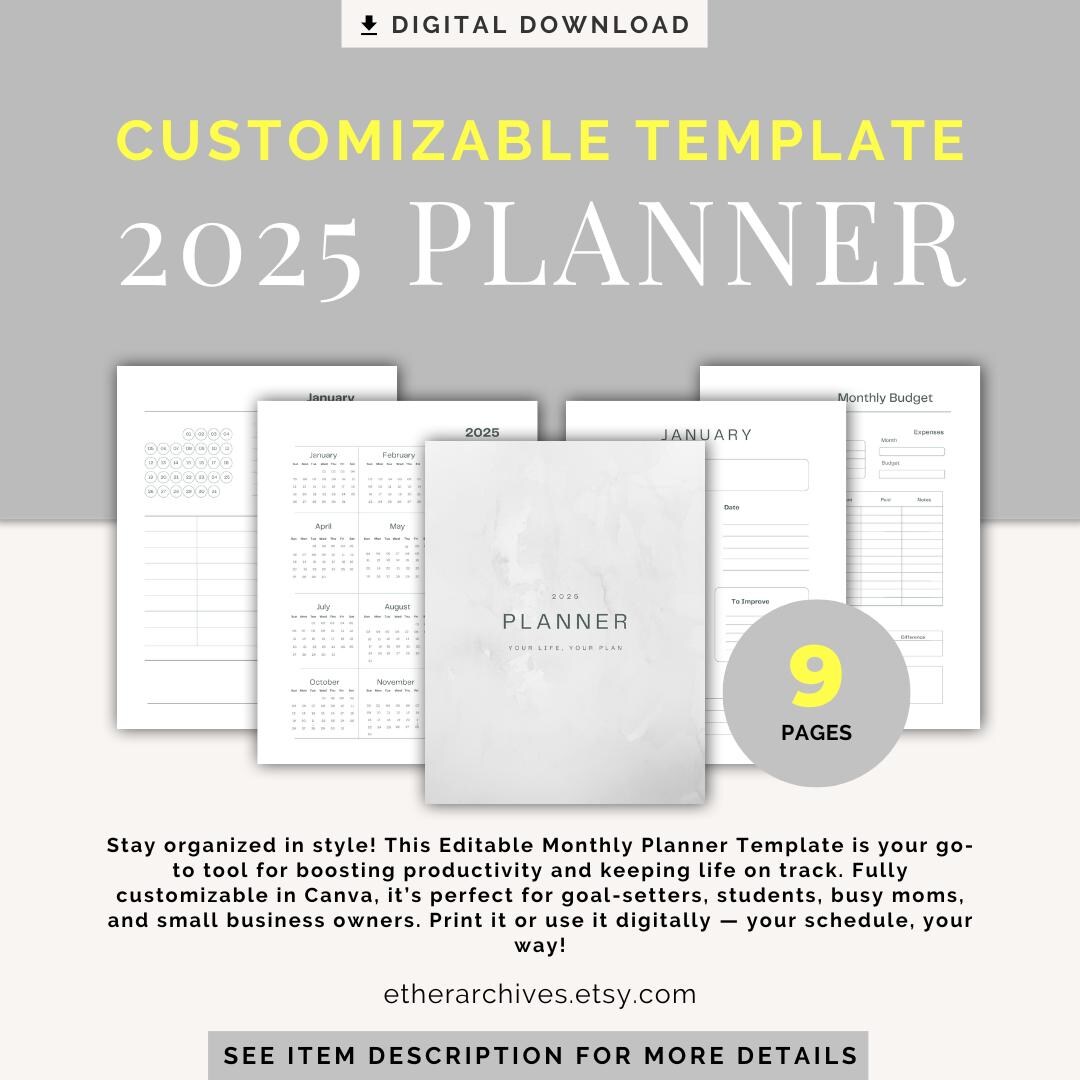 Customizable Editable Digital Planner Template, Calendar, Budget, Goals
