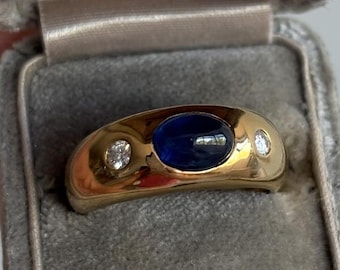 Vintage 1.45ct Sapphire Cabochon & Diamond Dome Ring 18k sz 5.5