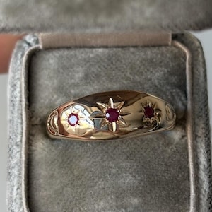 Estate Ruby Starburst 3-Stone Ring 14k sz 8