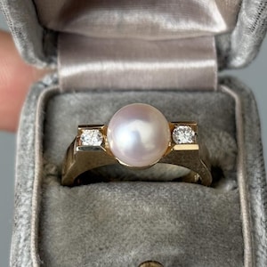 Vintage Perle und Diamant Spannset Strukturring 14k Gr. 5,75