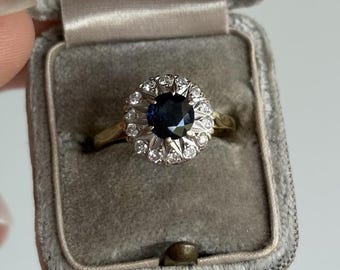 Vintage Sapphire Diamond Cluster Ring 18k sz 5.75
