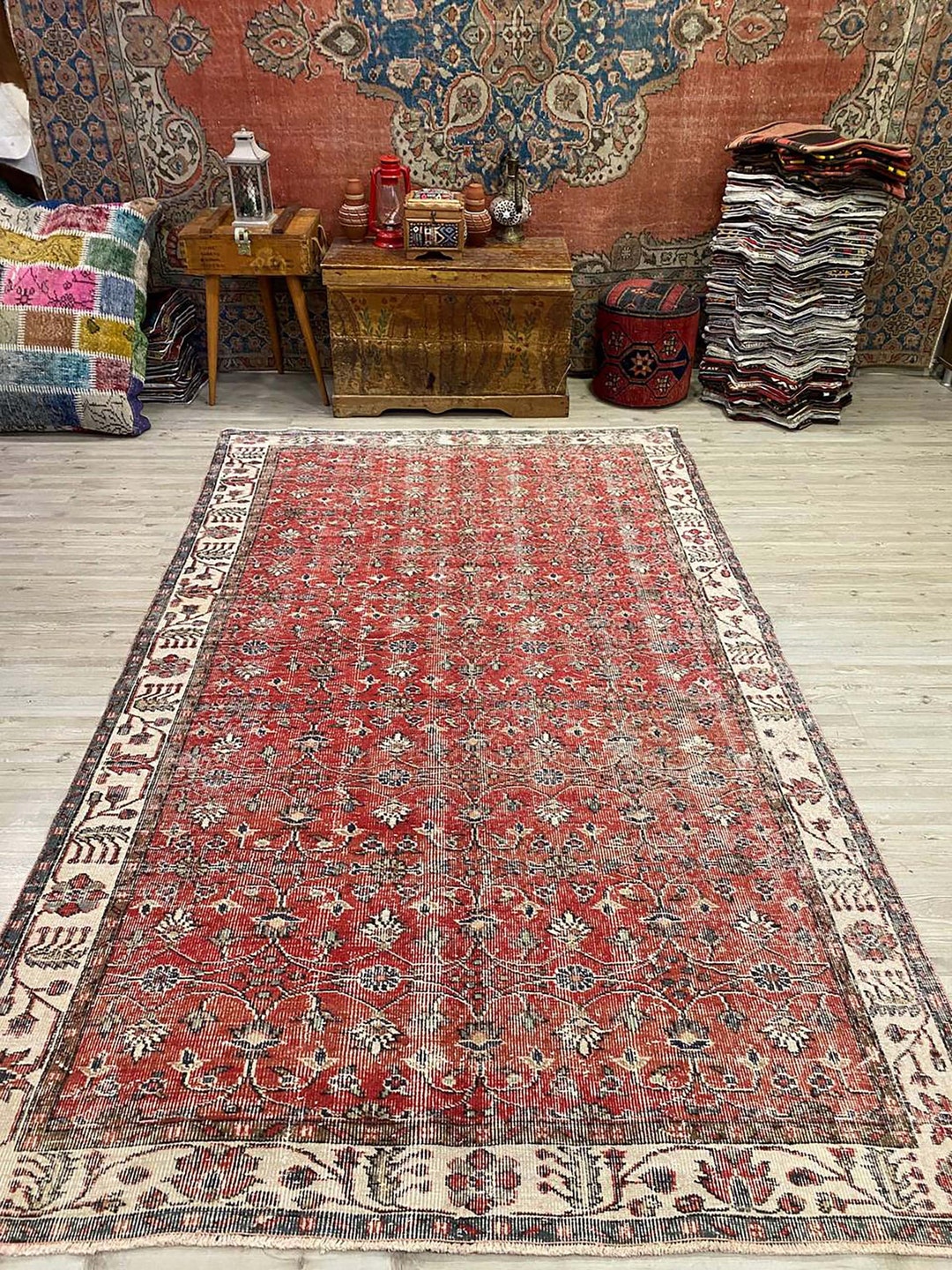 Turkish Charm: Vintage Red Wool Rug 5.38x9.02 Ft Handmade, Unique, and ...