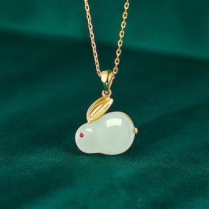 Authentic Hetian Jade Sterling Silver Cutie Moon Rabbit Pendant Necklace | 18k Gold Coating |Year of Rabbit | Natural Jade Gemstones | Gift