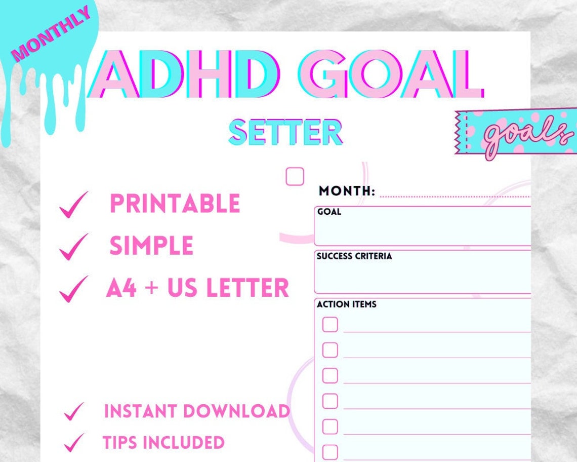 Simple Printable ADHD Goal Setting 2023 Monthly Goal Planner Etsy