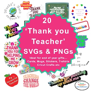 20 designs SVG Merci professeur. À utiliser pour des cartes, des t-shirts, des tasses, des autocollants, des motifs imprimables sur Cricut ou Silhouette.