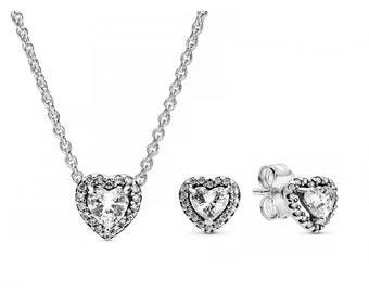 Pandora Silver Heart Gift Set Celebrate Love Sterling Silver Heart Stud Earrings, 45cm Necklace Timeless Elegance Collection Unique Gift