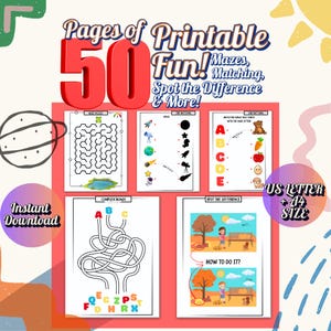 Libro de actividades imprimible a todo color de 50 páginas para niños: laberintos, emparejar, buscar diferencias y más / A4 + tamaño carta / Divertido - Rompecabezas educativos