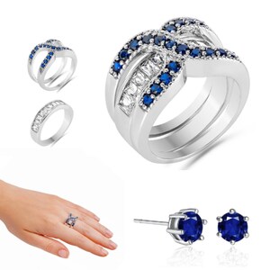 Beautiful 2 in 1 Blue Cubic Zirconia Infinity Ring and Brilliant Cut Stud Earrings Set