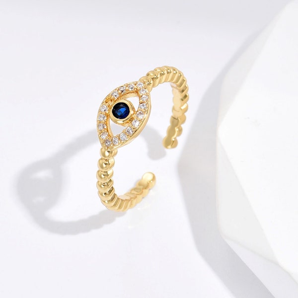 Adjustable Blue Evil Eye Zircon Crystals Open Ring in Gold