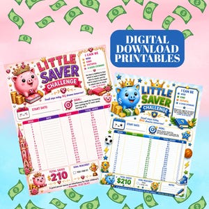 Può includere: Due fogli stampabili Little Saver Challenge con un salvadanaio rosa con corona e uno blu con corona, circondati da pile di monete d'oro, una tabella di risparmio e testo che include "I CAN BE WISE KIND FAITHFUL A GOOD STEWARD" e "TOTAL SAVED $210".