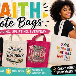 Puede incluir: Imagen promocional de bolsas de mano con temática religiosa. Las bolsas son de color negro, crema y rosa, cada una con citas y gráficos inspiradores. El texto incluye "Pray", "My Test Will Be a Testimony" y "God Is Within Her".