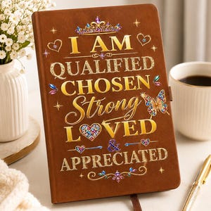 Puede incluir: Un cuaderno marrón con texto dorado que dice I AM QUALIFIED CHOSEN Strong LOVED & APPRECIATED. La portada está decorada con una corona dorada, una mariposa colorida, corazones pequeños y detalles florales con acabado metálico.