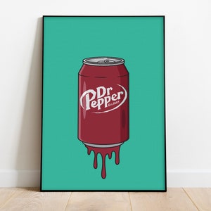 May include: A red and white Dr Pepper can with a dripping effect on a teal background. The can is in a black frame.