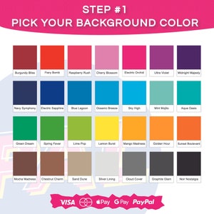 May include: A color palette chart with 36 different color swatches. Each swatch is labeled with a name, such as "Burgundy Bliss", "Fiery Bomb", "Raspberry Rush", "Cherry Blossom", "Electric Orchid", "Ultra Violet", "Midnight Majesty", "Navy Symphony", "Electric Sapphire", "Blue Lagoon", "Oceanic Breeze", "Sky High", "Mint Mojito", "Aqua Oasis", "Green Dream", "Spring Fever", "Lime Pop", "Lemon Burst", "Mango Madness", "Golden Hour", "Sunset Boulevard", "Mocha Madness", "Chestnut Charm", "Sand Dune", "Silver Lining", "Cloud Cover", "Graphite Glam", and "Noir Nostalgia".