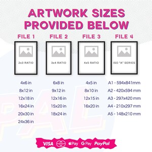 May include: A chart showing different artwork sizes in inches and millimetres. The chart is divided into four columns, each representing a different file type. The first column is labelled "File 1" and shows the ratios 2x3, 4x6, 8x12, 12x18, 16x24, 20x30, and 24x36. The second column is labelled "File 2" and shows the ratios 3x4, 6x8, 9x12, 12x16, 15x20, and 18x24. The third column is labelled "File 3" and shows the ratios 4x5, 4x5, 8x10, 12x15, and 16x20. The fourth column is labelled "File 4" and shows the ISO "A" series sizes A1, A2, A3, A4, and A5. The chart is on a pink and white background.