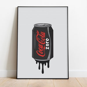 May include: A black and red Coca-Cola Zero can with a dripping black liquid. The can is on a white background with a subtle pattern.