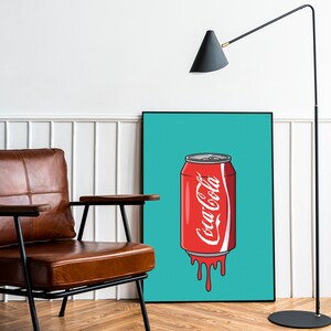 May include: A pop art style print of a red Coca-Cola can dripping red liquid on a turquoise background.