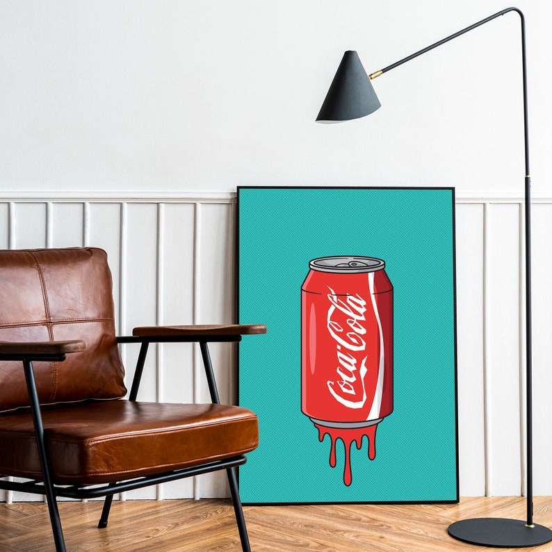 May include: A pop art style print of a red Coca-Cola can dripping red liquid on a turquoise background.