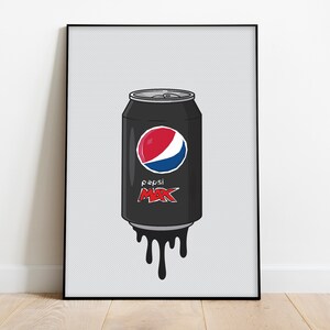 May include: A black and white illustration of a can of Pepsi Max soda dripping black liquid. The can has the Pepsi logo and the text "Pepsi Max" on it.