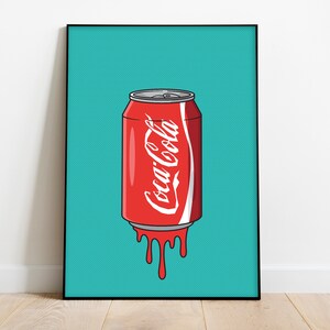 May include: A red and white Coca-Cola can with a dripping red liquid on a turquoise background.
