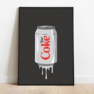 May include: A black and white illustration of a can of Diet Coke dripping white liquid. The can is on a black background.