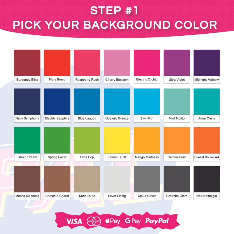 May include: A colour palette chart with 36 different colour swatches. Each swatch is labelled with a name, such as "Burgundy Bliss", "Fiery Bomb", "Raspberry Rush", "Cherry Blossom", "Electric Orchid", "Ultra Violet", "Midnight Majesty", "Navy Symphony", "Electric Sapphire", "Blue Lagoon", "Oceanic Breeze", "Sky High", "Mint Mojito", "Aqua Oasis", "Green Dream", "Spring Fever", "Lime Pop", "Lemon Burst", "Mango Madness", "Golden Hour", "Sunset Boulevard", "Mocha Madness", "Chestnut Charm", "Sand Dune", "Silver Lining", "Cloud Cover", "Graphite Glam", and "Noir Nostalgia".