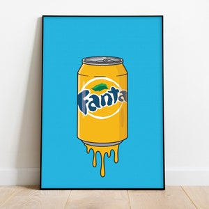 May include: A yellow can of Fanta soda dripping orange liquid on a blue background. The can has a white circle with a green leaf and the word "Fanta" in blue letters.
