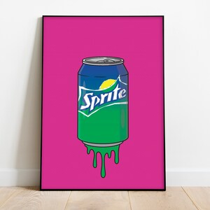 May include: A green and blue can of Sprite soda dripping green liquid on a pink background.