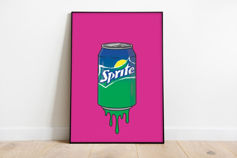May include: A green and blue can of Sprite soda dripping green liquid on a pink background.