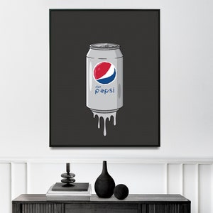 May include: A black and white illustration of a silver can of Diet Pepsi dripping on a black background.