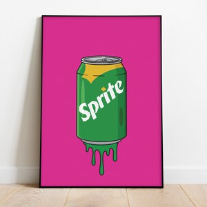 May include: A green and yellow can of Sprite soda dripping green liquid on a pink background. The can has the word "Sprite" printed on it in white.