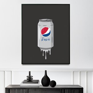 May include: A black and white illustration of a silver can of Diet Pepsi dripping on a black background.