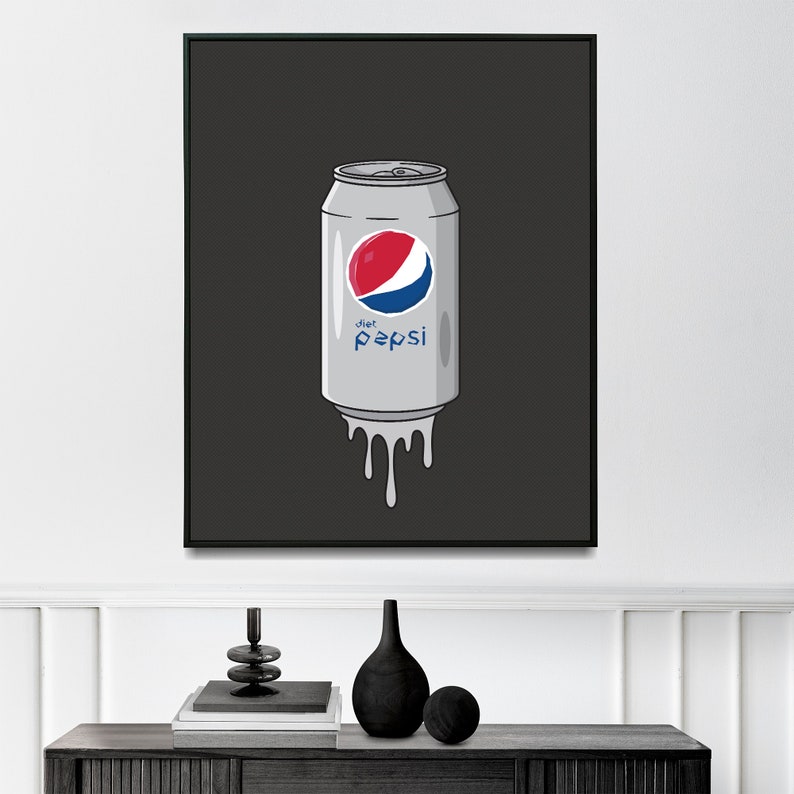 May include: A black and white illustration of a silver can of Diet Pepsi dripping on a black background.
