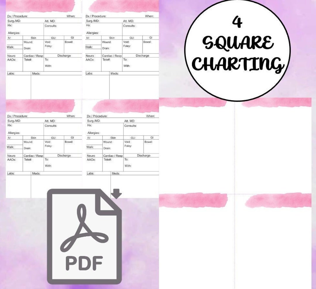 4 Square Nurse Charting Sheetnurse Charting Template Nurse Pocket Chart Etsy