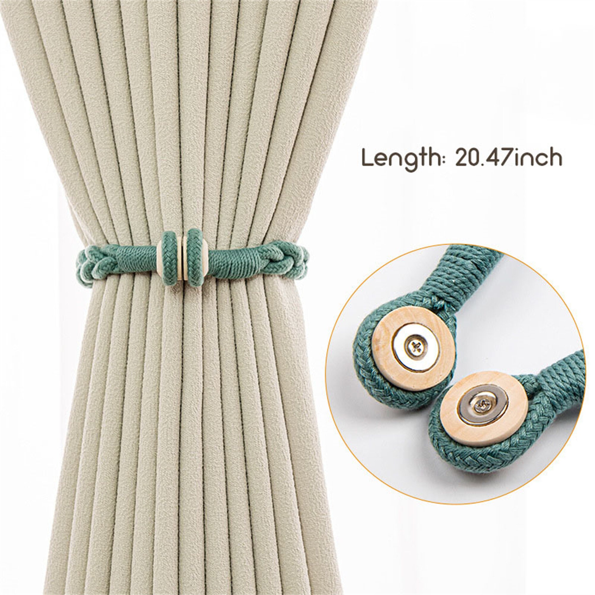 2pcs Cotton Curtain Tiebacks With Magnets Hold, Wooden Buckle Magnetic ...