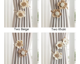 2pcs Retro Cotton Linen Flowers Drapery Holders, Rustic Curtain Tie Backs, Floral Nursery Decorative Holdback, Burlap Flower curtain Tieback