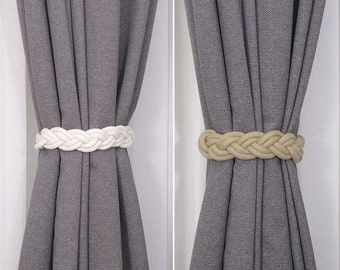Magnetic Curtain Tie-backs,  Window Decorative Cotton Hand-Woven Rope Wooden Buckle Drapery Holder, Nautical Gift, White Curtain Tie Back