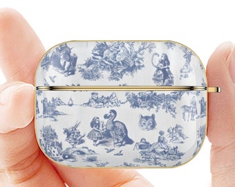 Alice in Wonderland Toile De Jouy AirPods Pro 2 Case - Blue Toile De Jouy  Charm Keychain - Protect and Personalize Your AirPods!