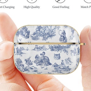 Alice in Wonderland Toile De Jouy AirPods Pro 2 Case - Blue Toile De Jouy  Charm Keychain - Protect and Personalize Your AirPods!