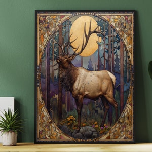 Art-Deco-Elch DRUCKBARE Wandkunst, Retro-Hirsch-Dekor-Plakat, Elch im Wald auf einer Mondnacht-Wandbehang