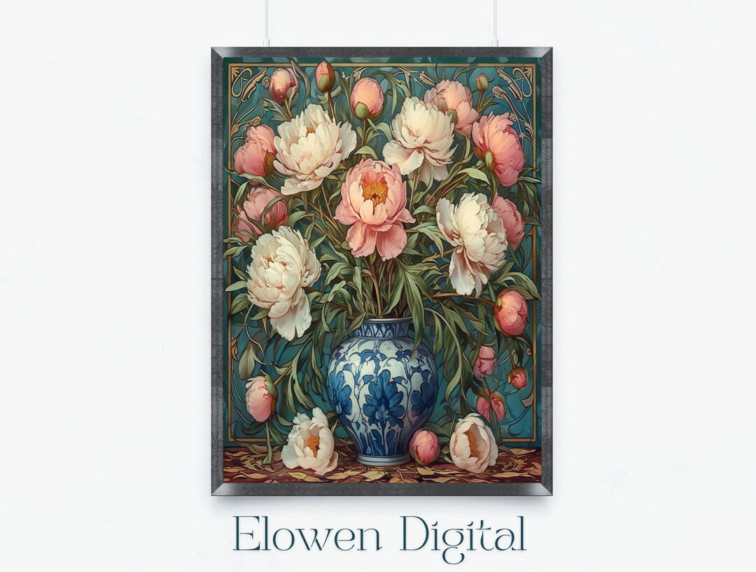 Art Nouveau Still Life Pink and White Peonies, Printable Wall Art ...