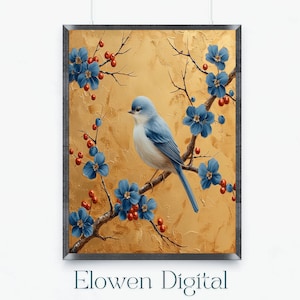 Chinoiserie Bird Art, Japanese Wall Art Chinoiserie in Gold and Blue, Blue Bird Chinoiserie Artwork, Botanical Print Chinoiserie