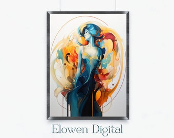 Jugendstil Wand Kunst Aquarell Frau, Jugendstil Bunte Illustration, Jugendstil Drucke mit Farbe Pop