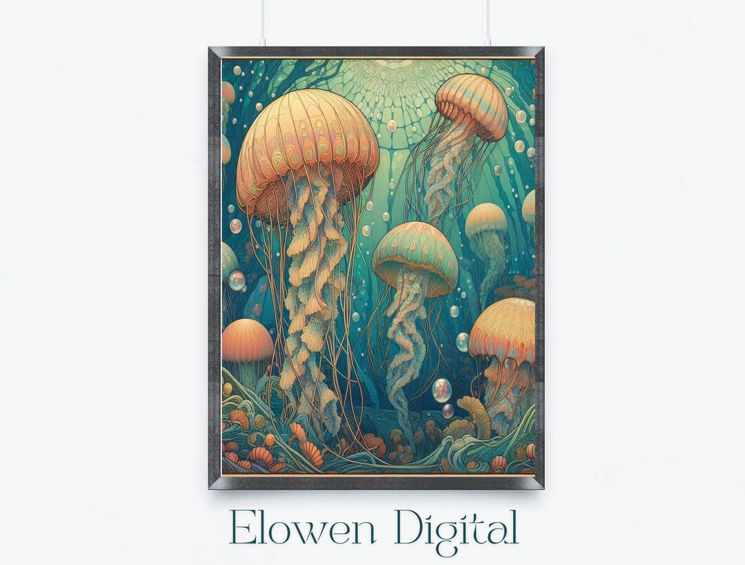 Art Nouveau Jellyfish Print, Art Nouveau Wall Art of Jellyfish in
